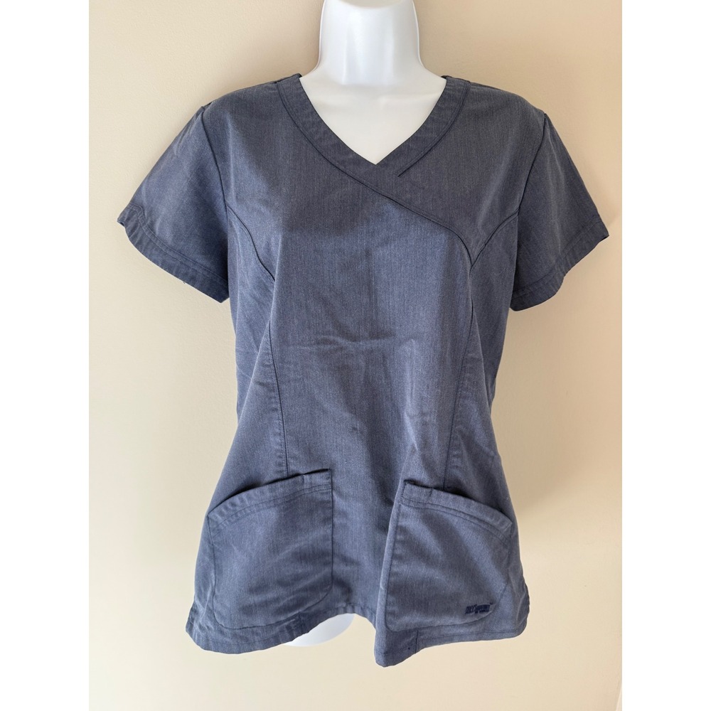 Grey's Anatomy Scrub Top Medium Blue Mock Wrap V-Neck Nursing Uniform